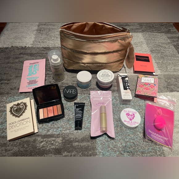 Rose Gold Cosmetic Bag with Assorted Beauty Products - Picture 2 of 2